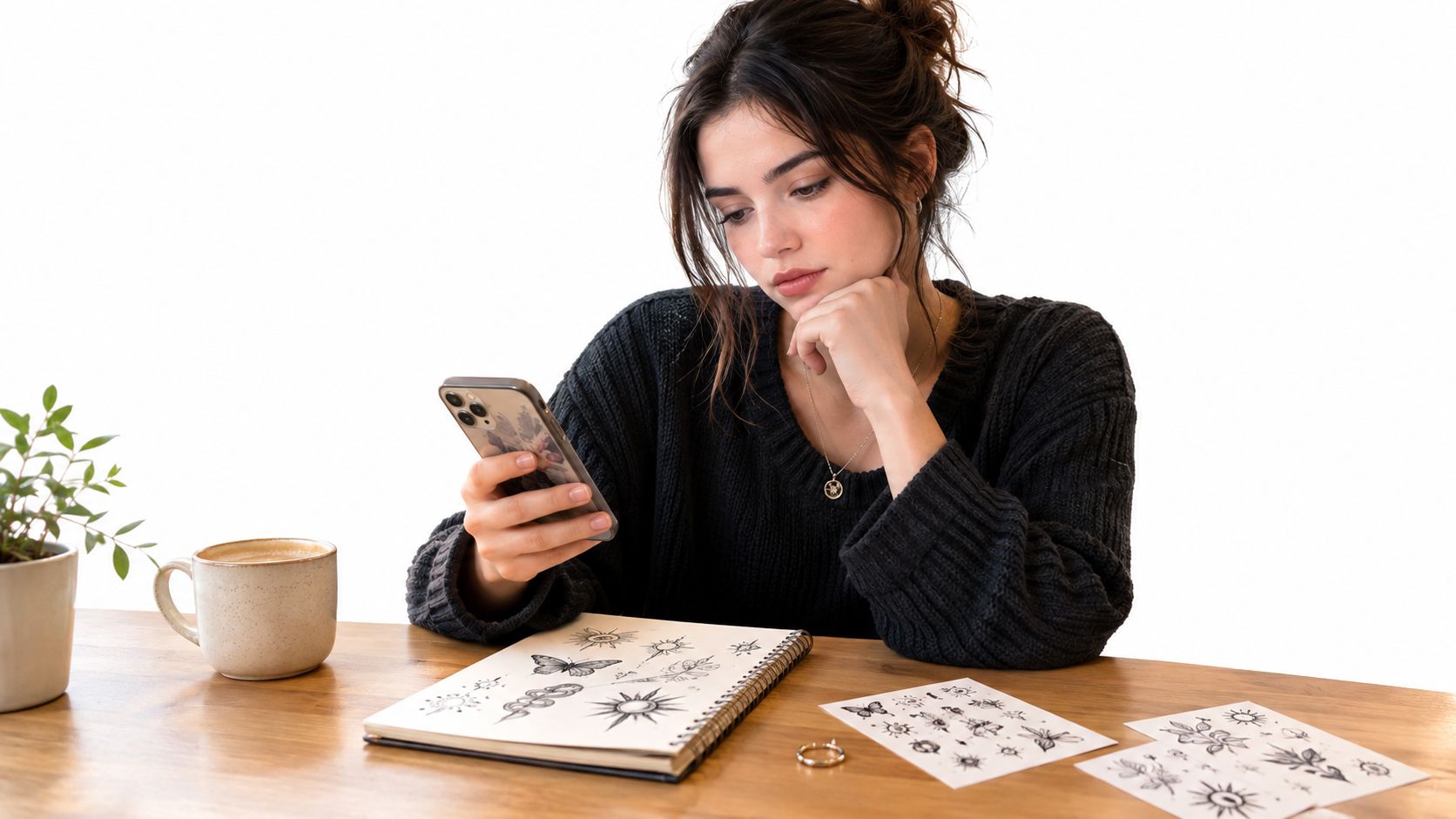 A young woman wearing a black sweater looks at her smartphone while sitting at a wooden table.