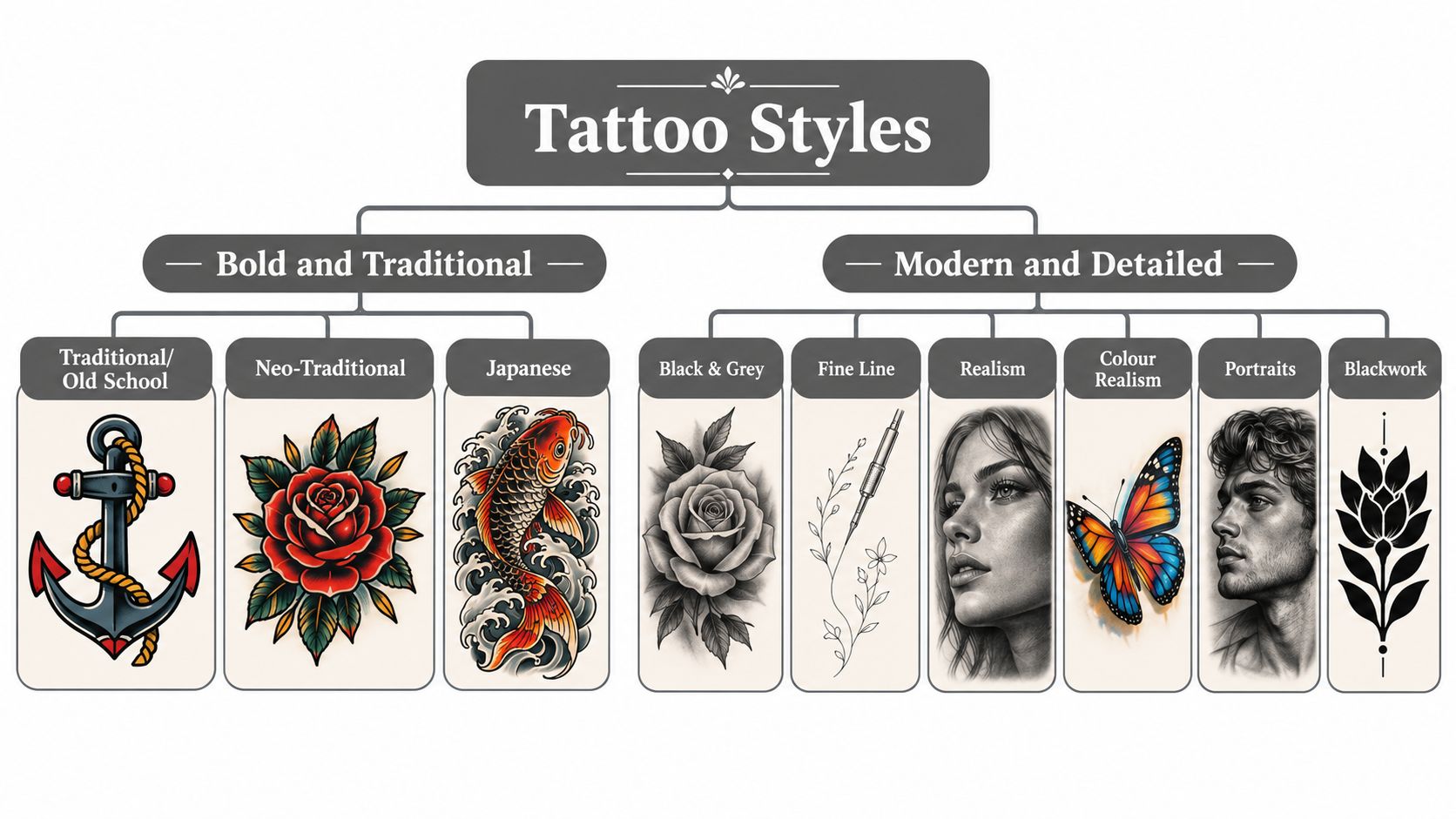 A structured flowchart showcasing various popular tattoo styles, categorized into bold traditional designs and modern detailed art.