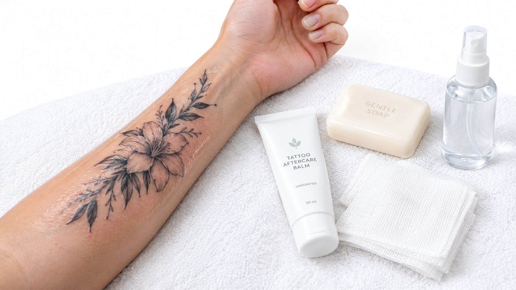 A person with a floral forearm tattoo displaying tattoo aftercare products on a white towel.