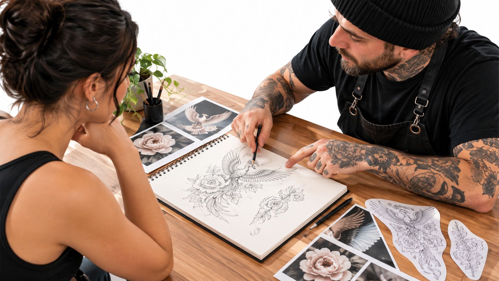 A professional tattoo artist sketches a custom design for a client in a creative studio.