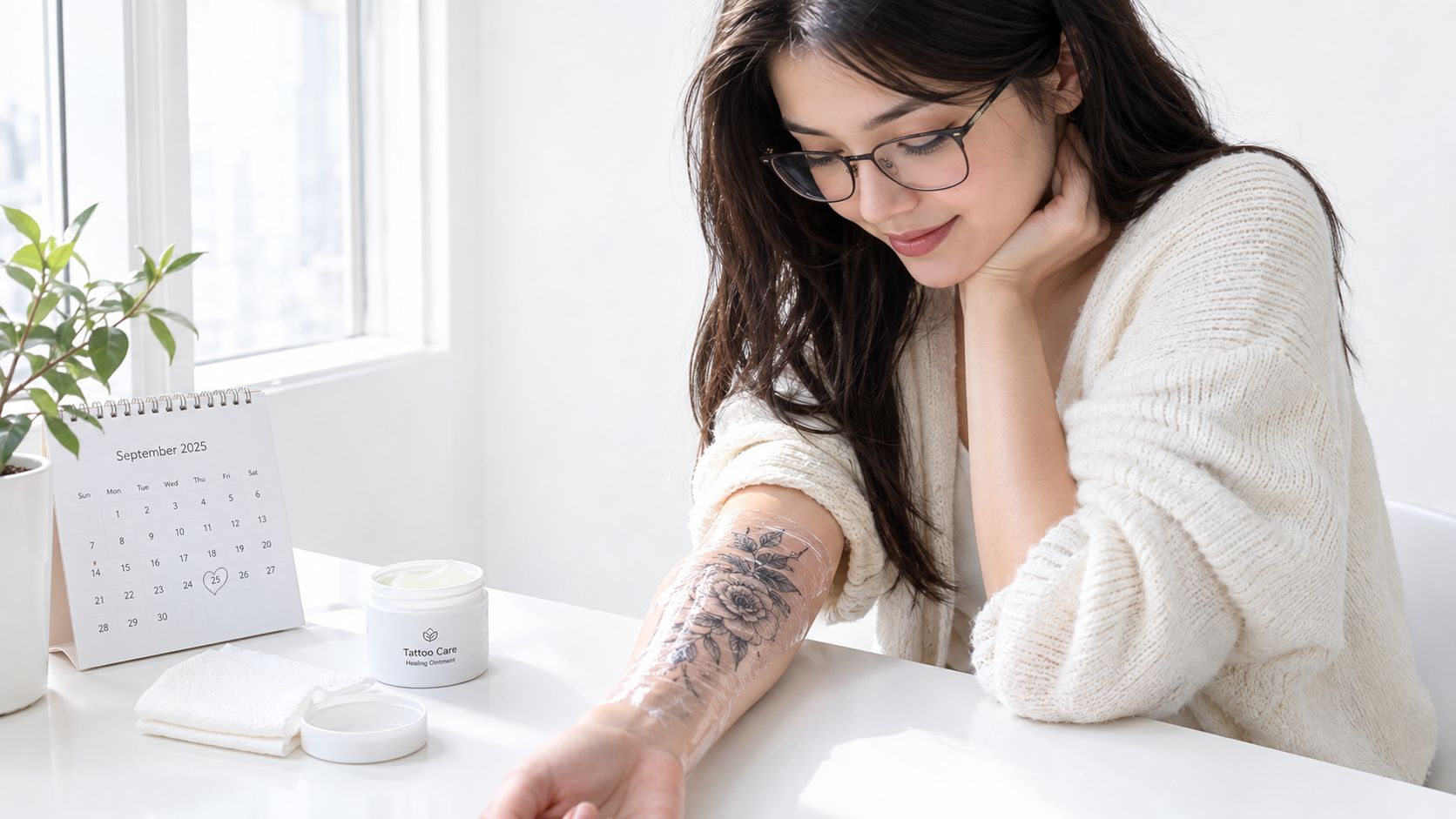 A young woman with glasses applying tattoo healing ointment to her arm tattoo in a bright room.