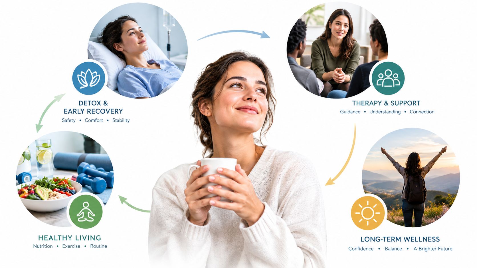 A conceptual wellness diagram illustrating a journey of recovery, therapy, healthy habits, and long-term personal success.