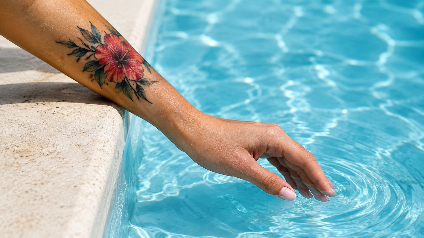 A close-up view of a person with a flower tattoo on their arm touching pool water.