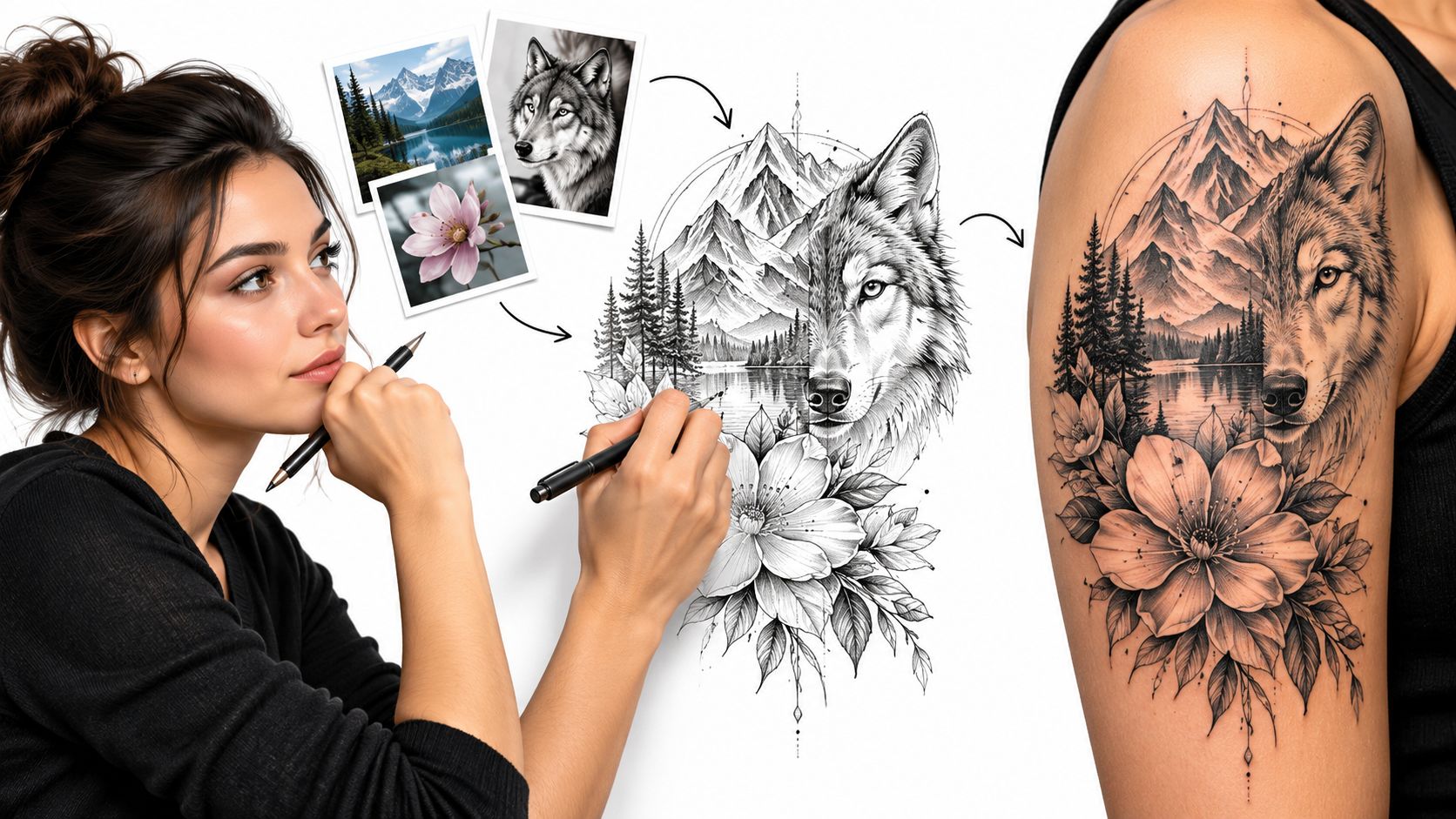 An artist sketching a custom wolf and mountain nature tattoo design for a client's arm.