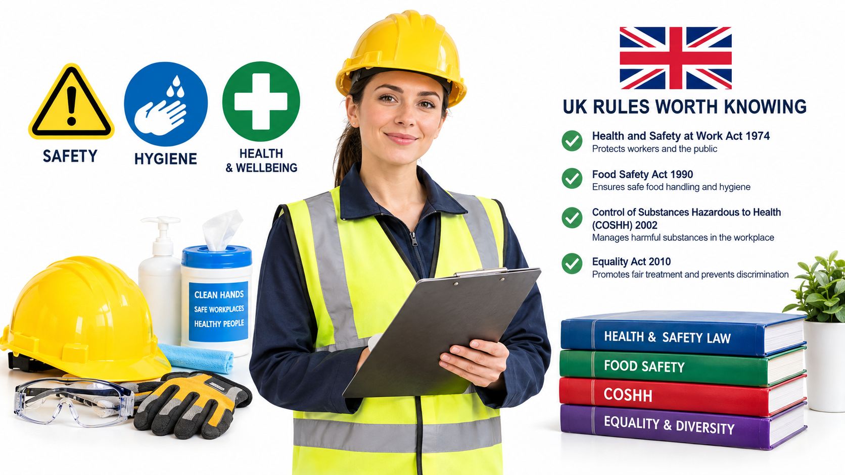 A female worker in safety gear standing beside essential UK workplace health, safety, and hygiene legislation books.
