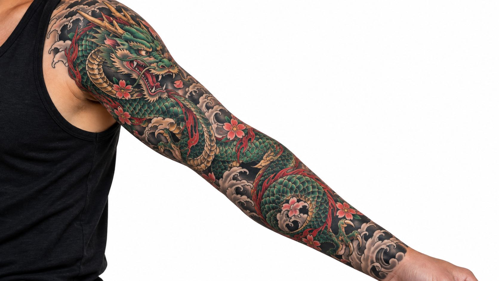 A man wearing a black tank top displaying a detailed Japanese dragon tattoo sleeve on his arm.
