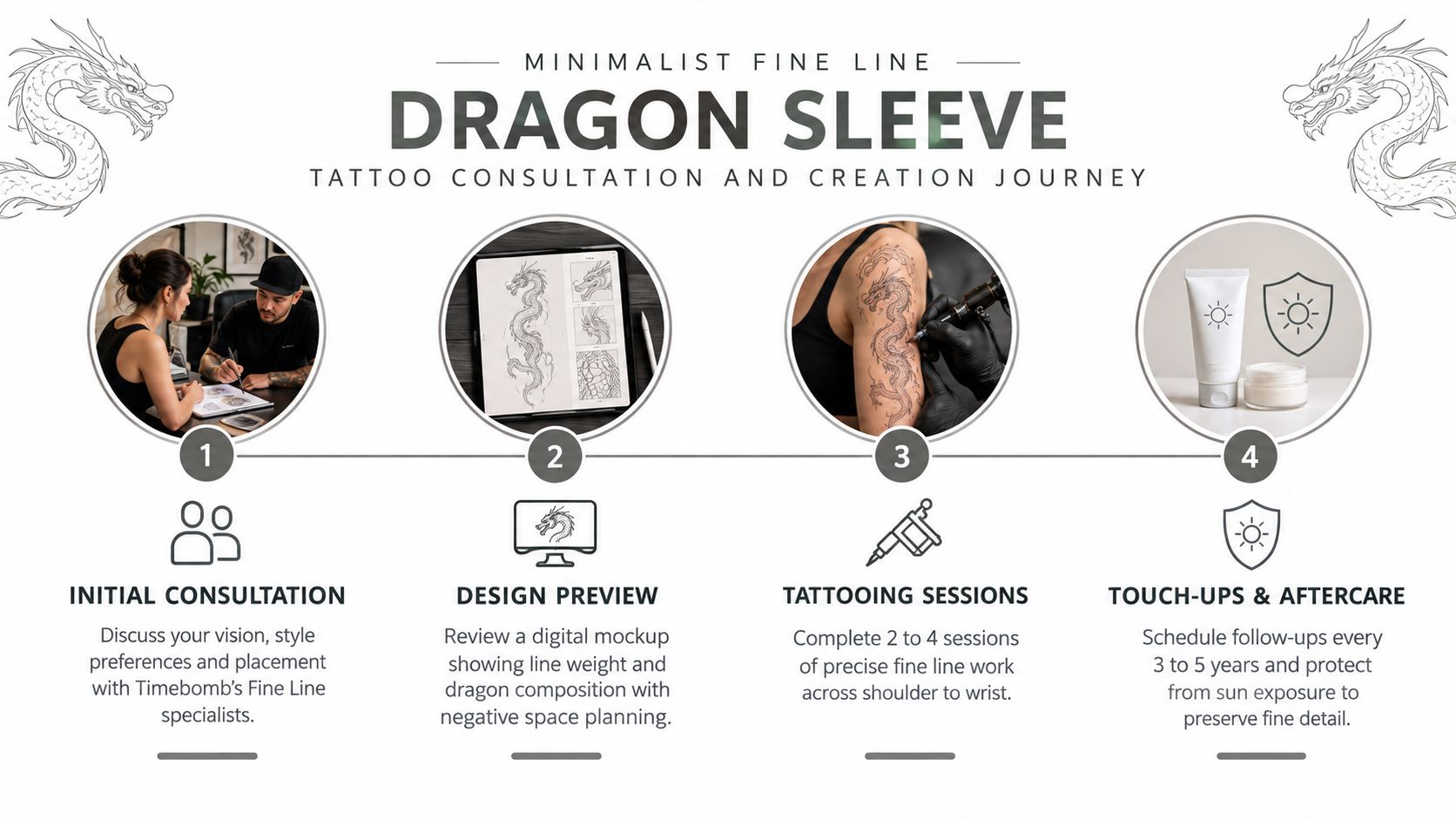 An infographic detailing the four steps of the fine line dragon sleeve tattoo consultation and creation process.