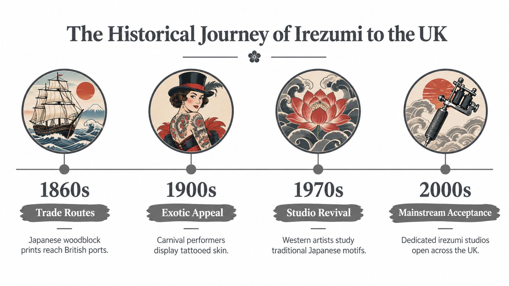 A timeline graphic showing the historical development of Japanese Irezumi tattooing in the United Kingdom since 1860.