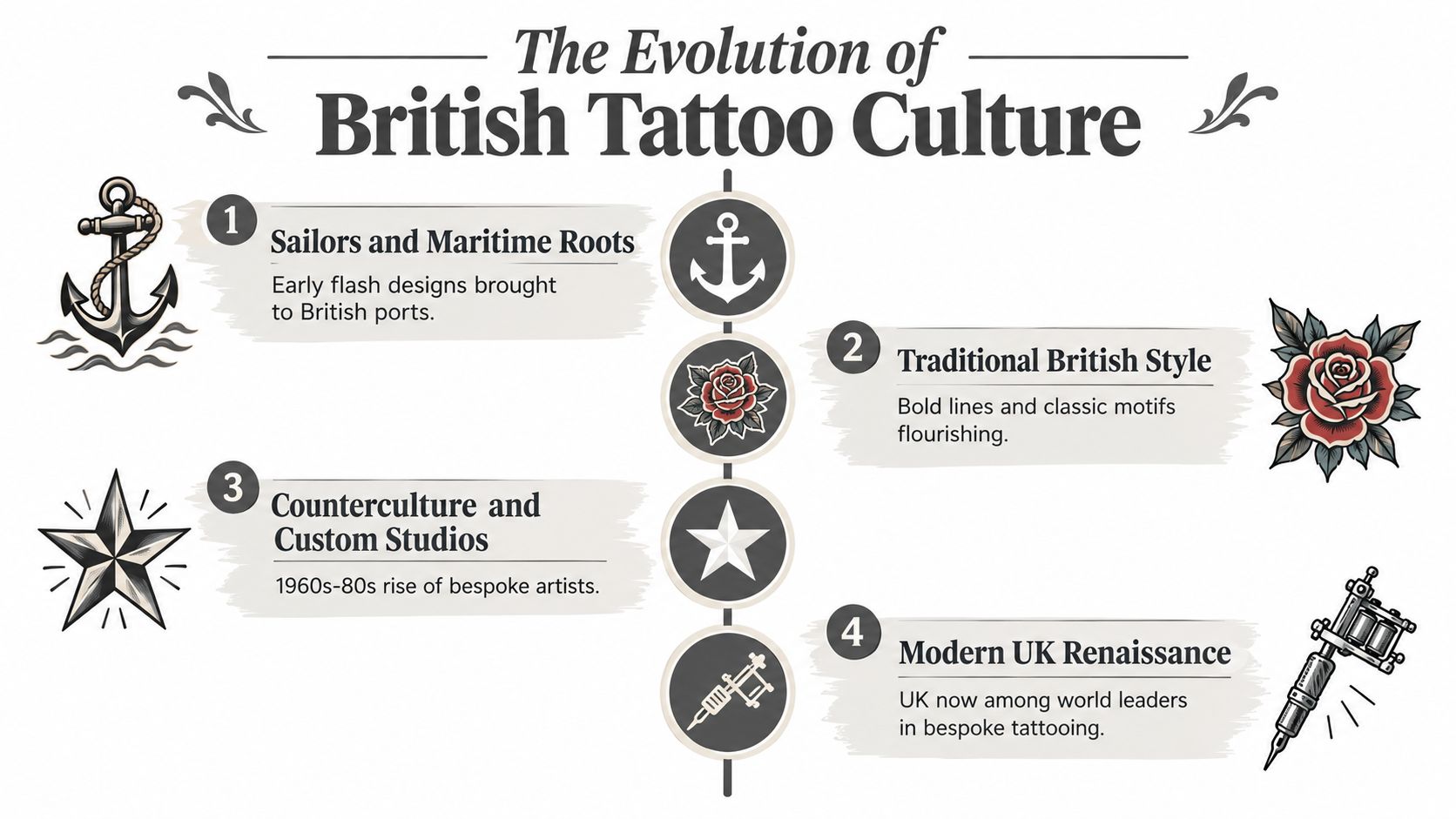 A timeline infographic titled The Evolution of British Tattoo Culture featuring four distinct stages and iconic designs.