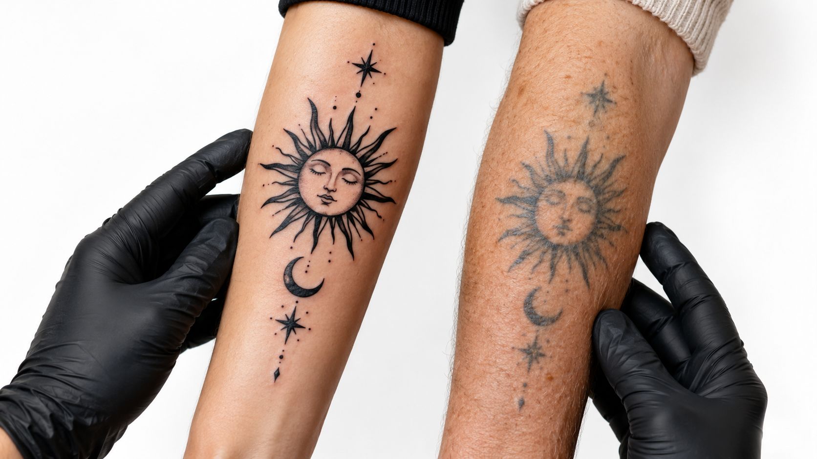 A professional tattoo artist holding a forearm showing a fresh sun and moon tattoo design.