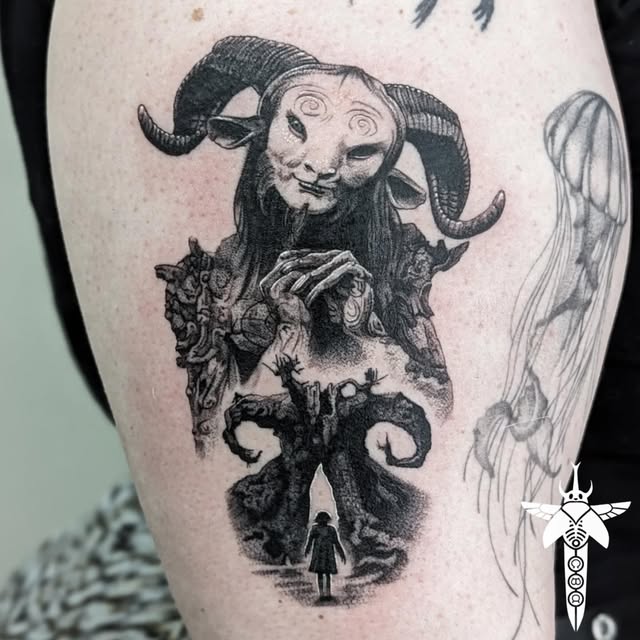 Black and grey dark art tattoo by @calbkrart at Timebomb Bournemouth