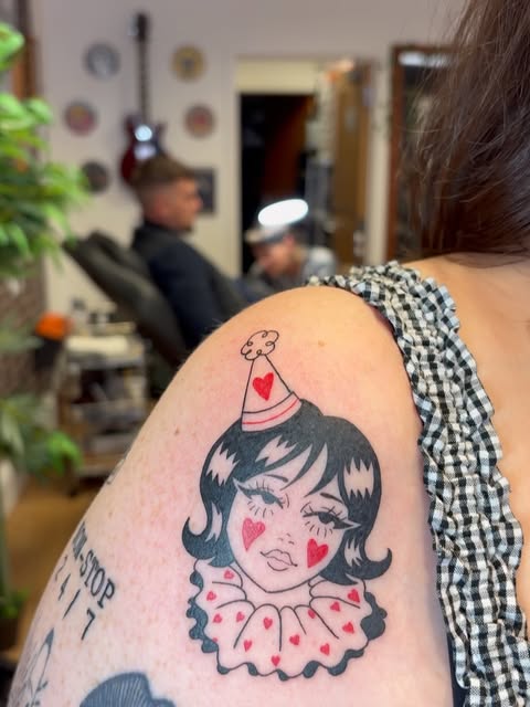 Traditional clown girl tattoo by @carmenjanczuk at Timebomb Bournemouth